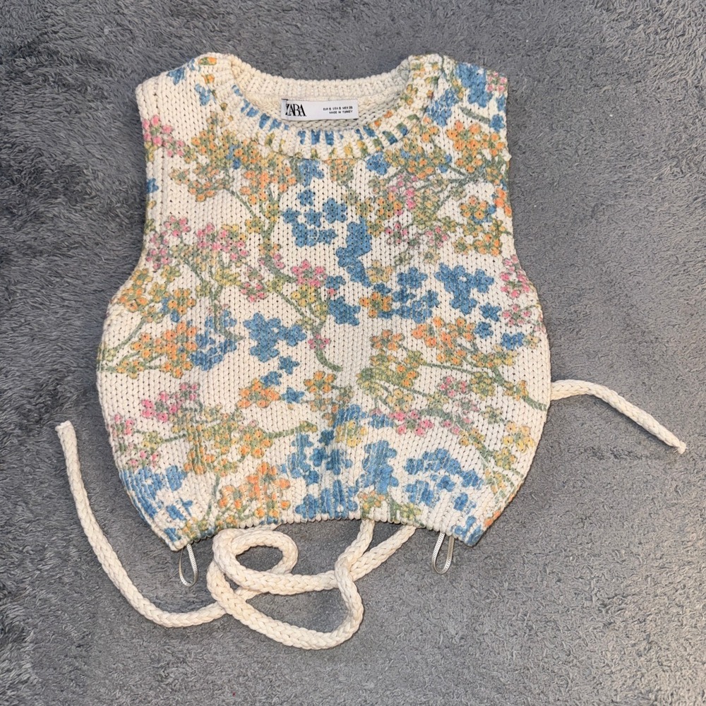 Zara Womens Floral Knit Open Back Tie Vest Small Cream Multicolored Chunky